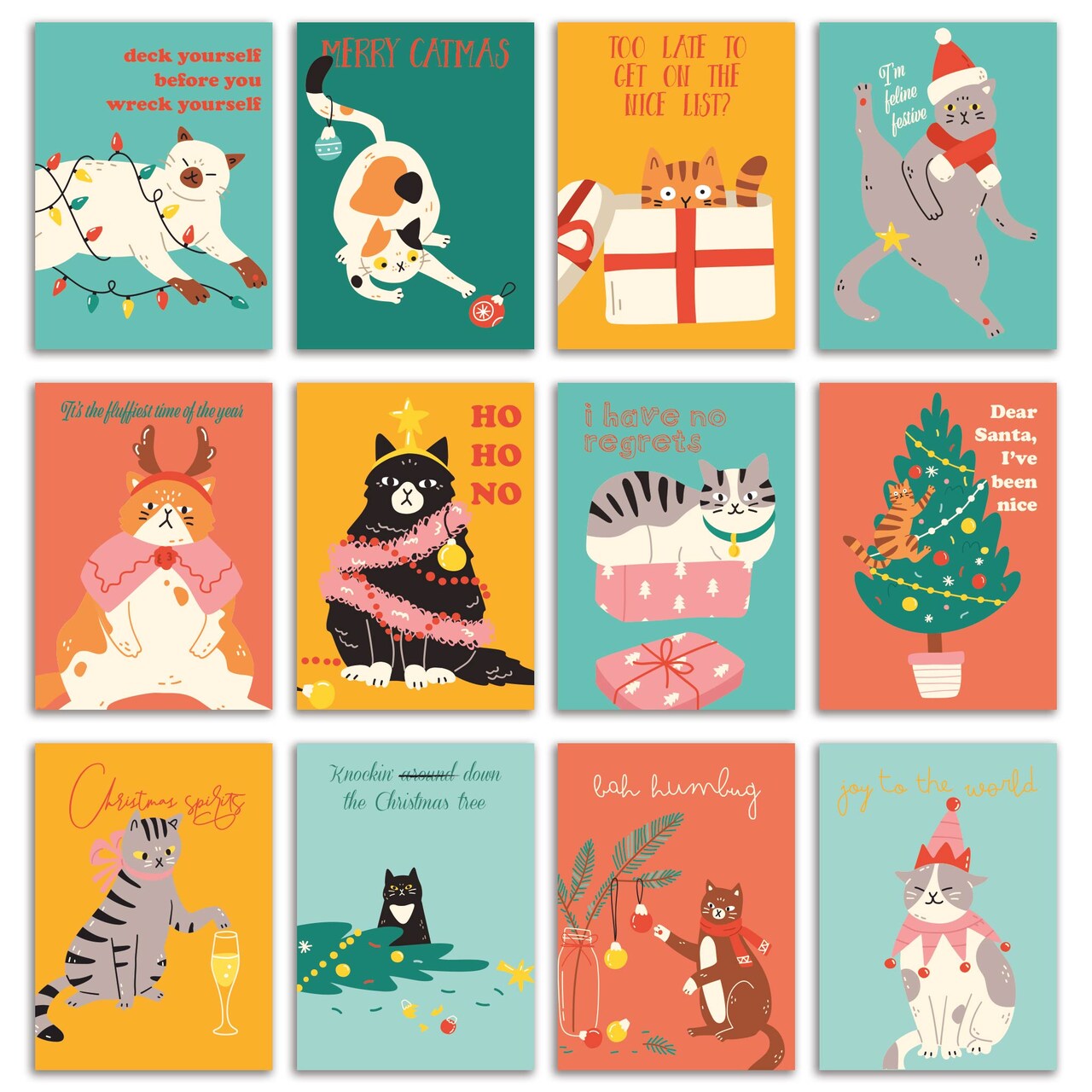 Funny Cat Christmas Cards - 24-Pack of Holiday Greeting Cards with 12 Adorable Cat Designs, Perfect for Cat Lovers to Share Merry Christmas & Happy Holiday Wishes, Blank Inside for Personalized Messages - Cute Festive Stationery Set